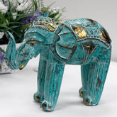 Handcrafted Wood Carved Elephant in Turquoise Gold