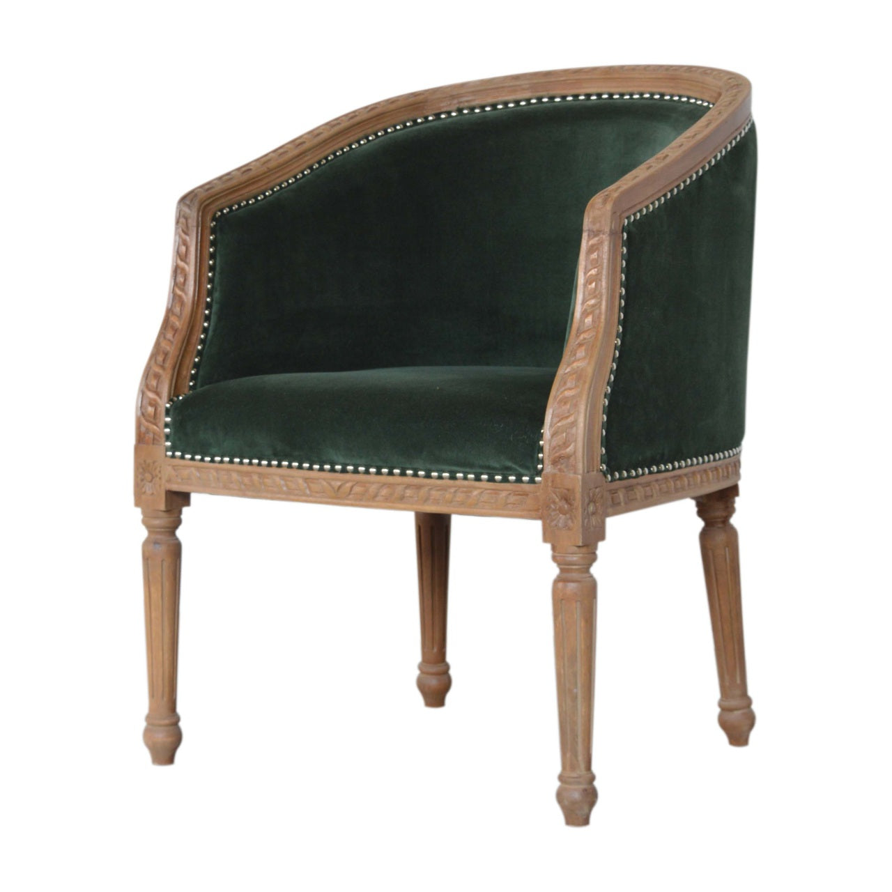 Chair with green velvet seat and wooden frame on a white background