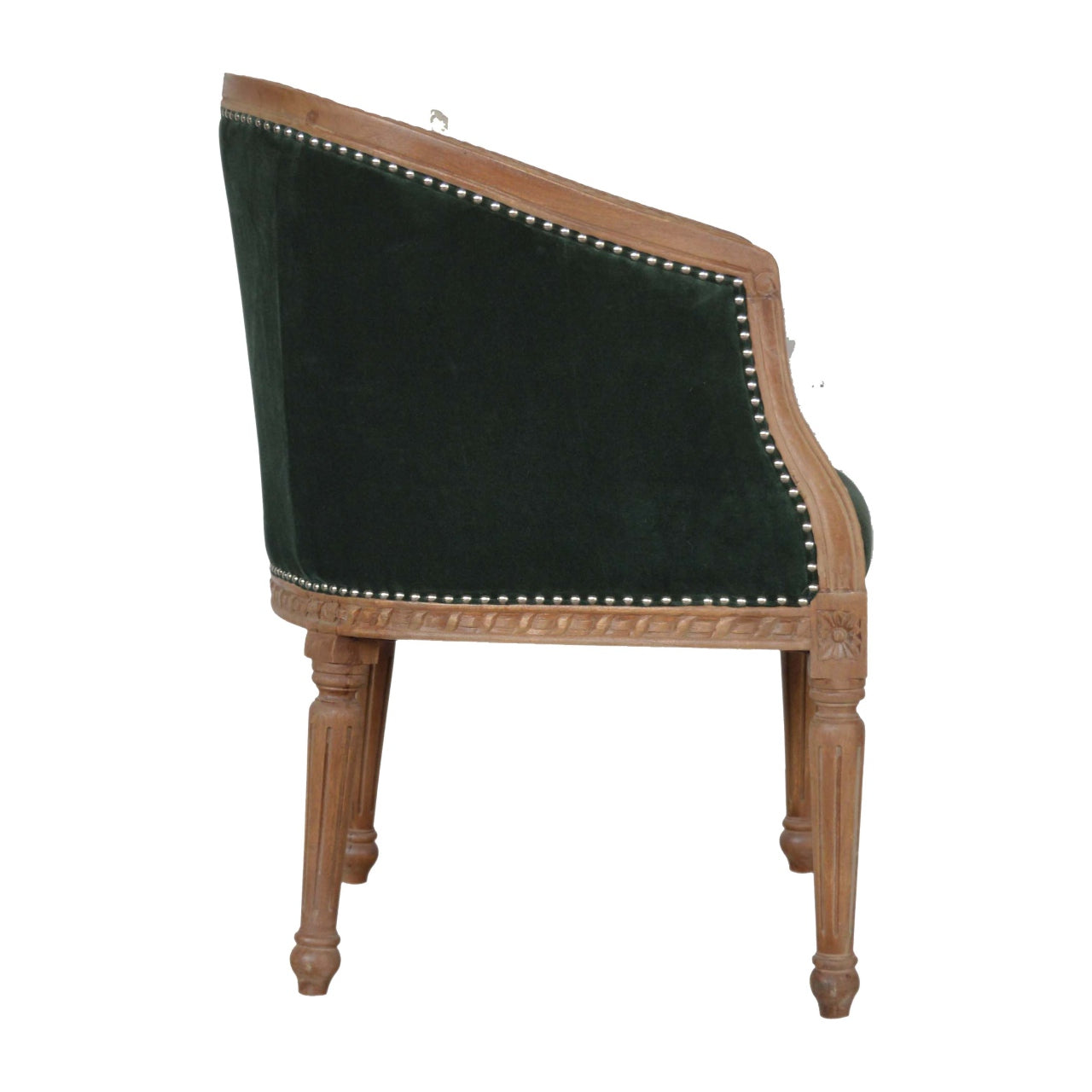 Chair with green velvet seat and wooden frame on a white background
