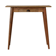 Wooden console table with a single drawer on a white background