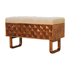 Wooden bench with geometric pattern and beige cushion on a white background