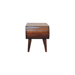 Wooden side table with a striped design on a white background