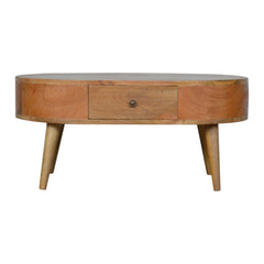 Wooden side table with a single drawer on a white background