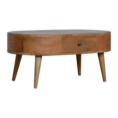 Wooden coffee table with a single drawer on a white background
