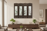 Antique set of four Chinese porcelain wall panels from Shanxi with carved dark wood frames, hand-painted bird and flower porcelain plaques, and geometric fretwork