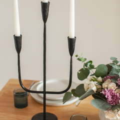Moradabad Three-Arm Hand-Forged Iron Candelabra