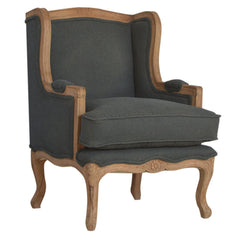 Gray upholstered chair with wooden frame on a white background