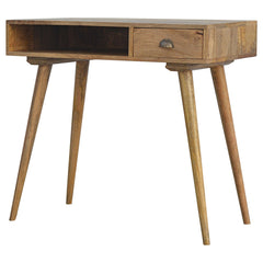 Wooden desk with a single drawer on a white background