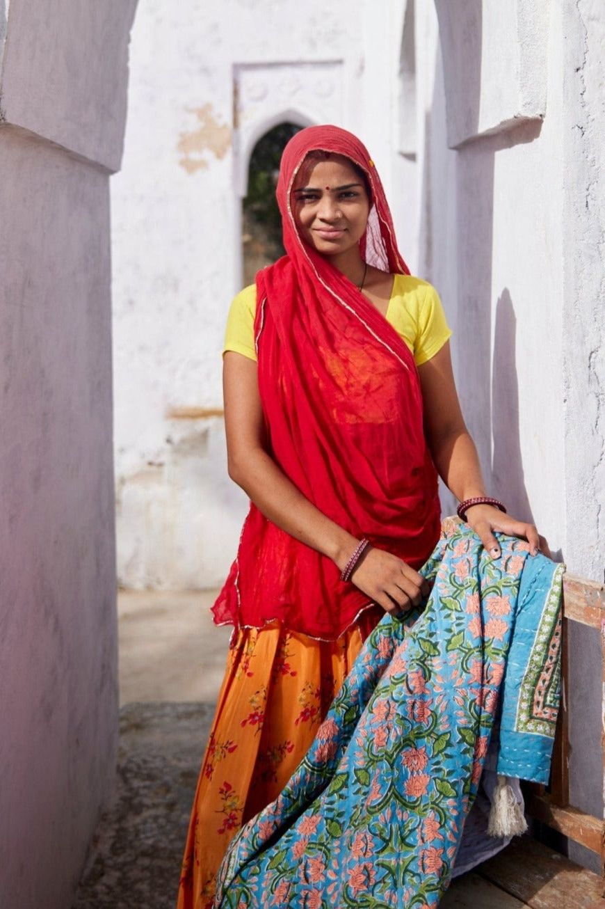 Topanga Blue Block-Printed Kantha Cotton Throw - Atlas & Kiln