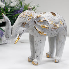 Handcrafted Wood Carved Elephant in White Gold