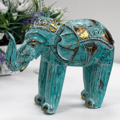 Handcrafted Wood Carved Elephant in Turquoise Gold