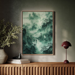 Serene Waterfall Landscape – Traditional Japanese Ink Wash Painting