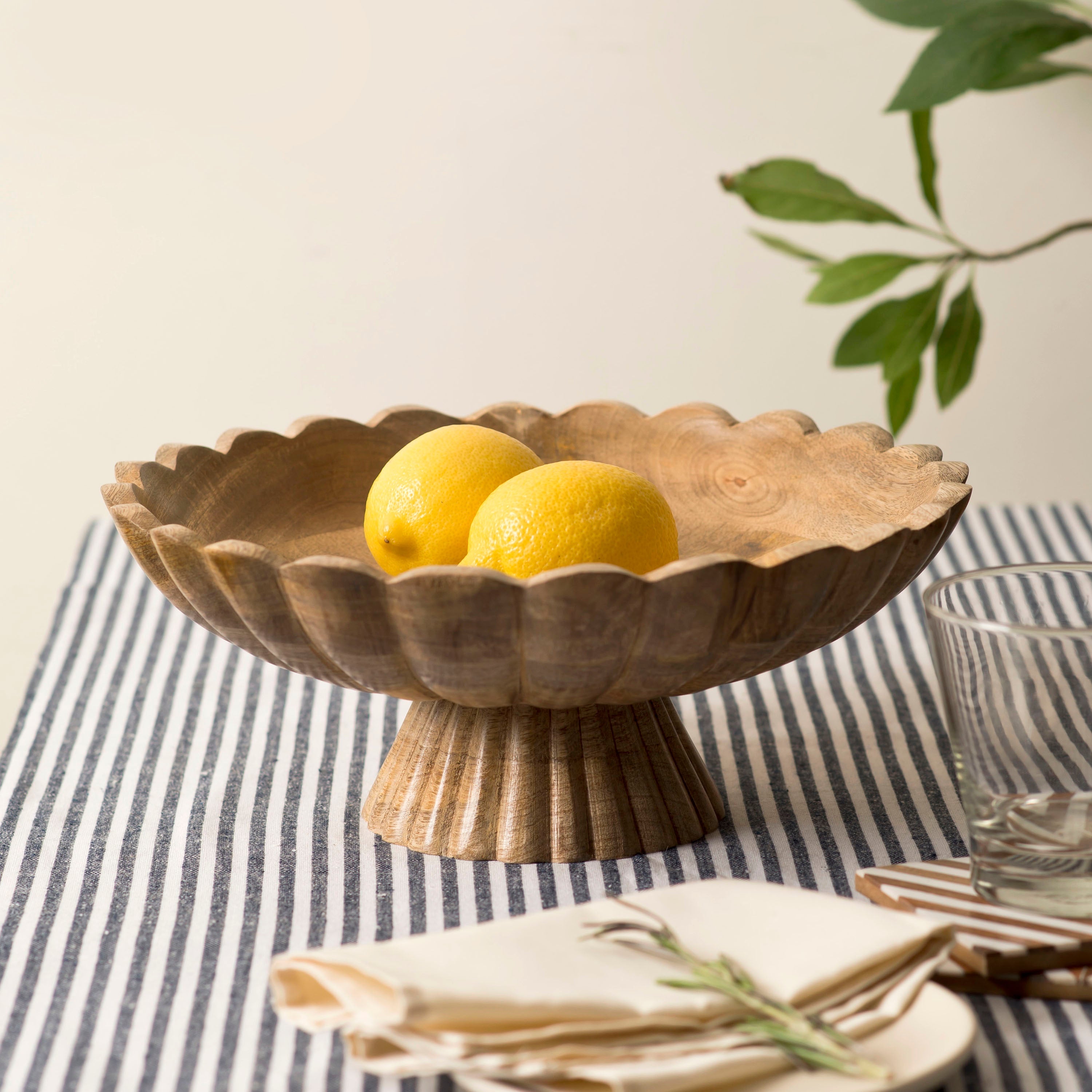 Handcarved Scalloped Edge Fluted Pedestal Bowl - Atlas & Kiln