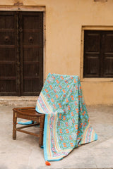 Topanga Blue Block-Printed Kantha Cotton Throw - Atlas & Kiln