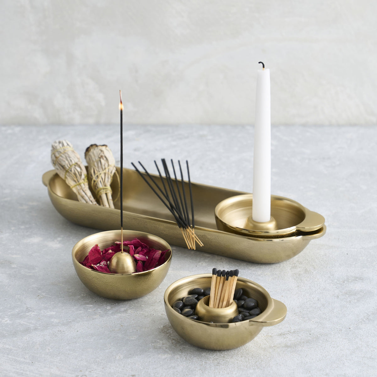 Stinson Antique Brass Candle and Incense Intention Set