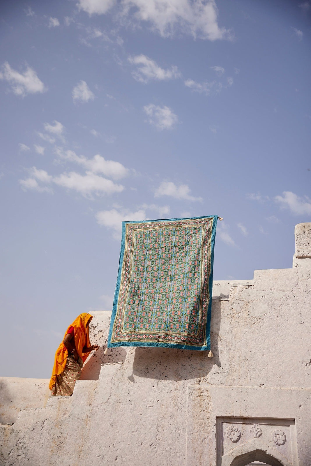 Topanga Blue Block-Printed Kantha Cotton Throw - Atlas & Kiln