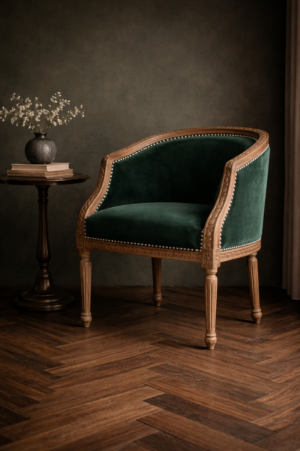 Green velvet chair with wooden frame in a dimly lit room