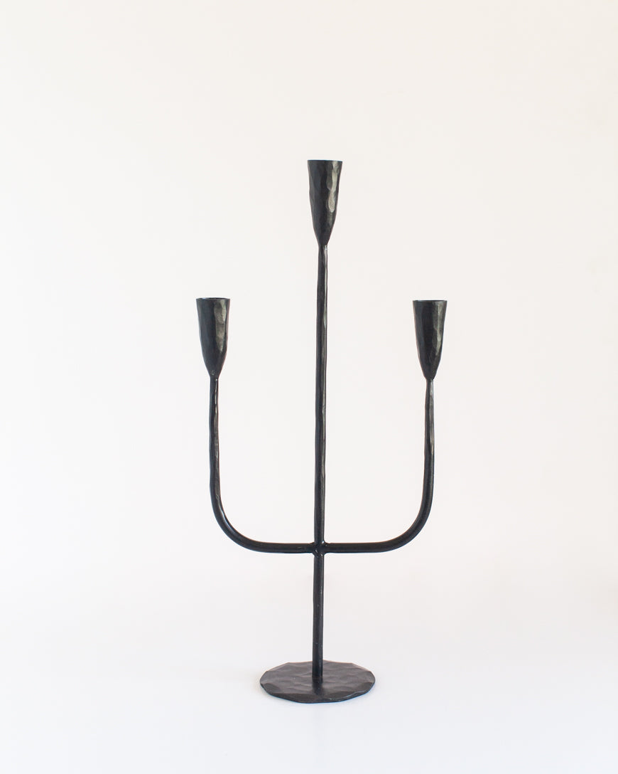Moradabad Three-Arm Hand-Forged Iron Candelabra - Atlas & Kiln