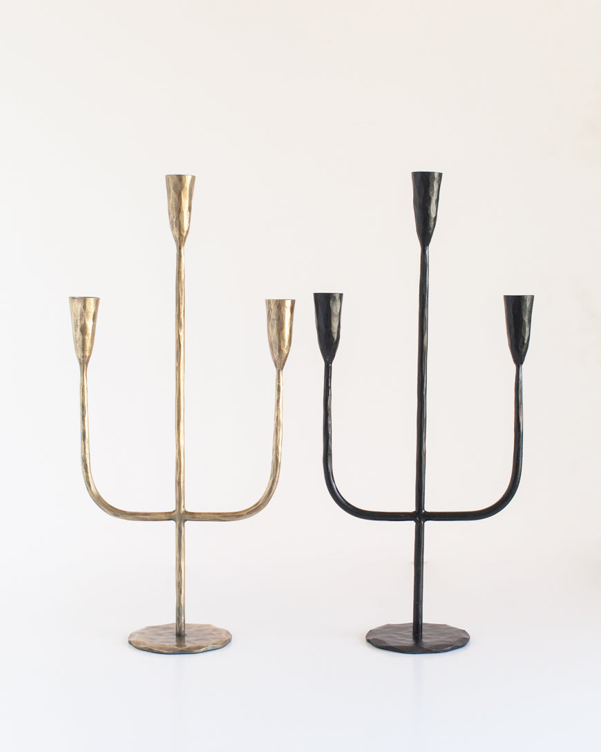 Moradabad Three-Arm Hand-Forged Iron Candelabra - Atlas & Kiln