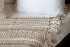 Beige Hand-loomed Cotton Pom-Pom Throw
