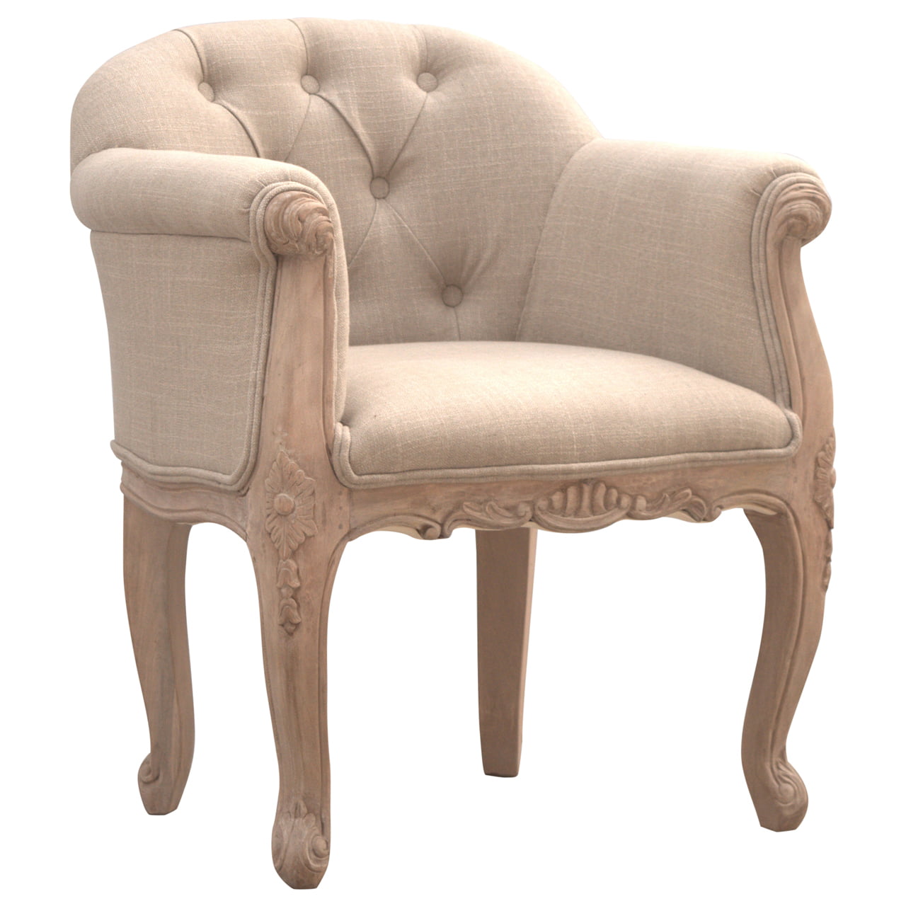 Beige armchair with tufted backrest and ornate wooden legs on a white background