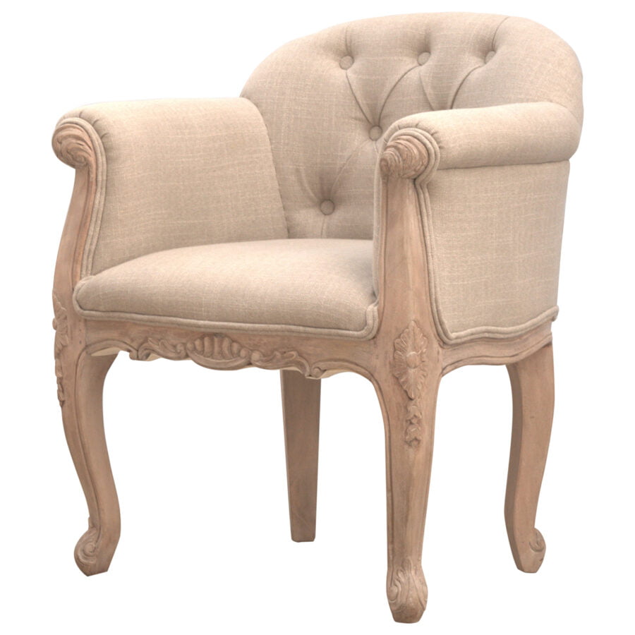 Beige upholstered chair with wooden frame on a white background