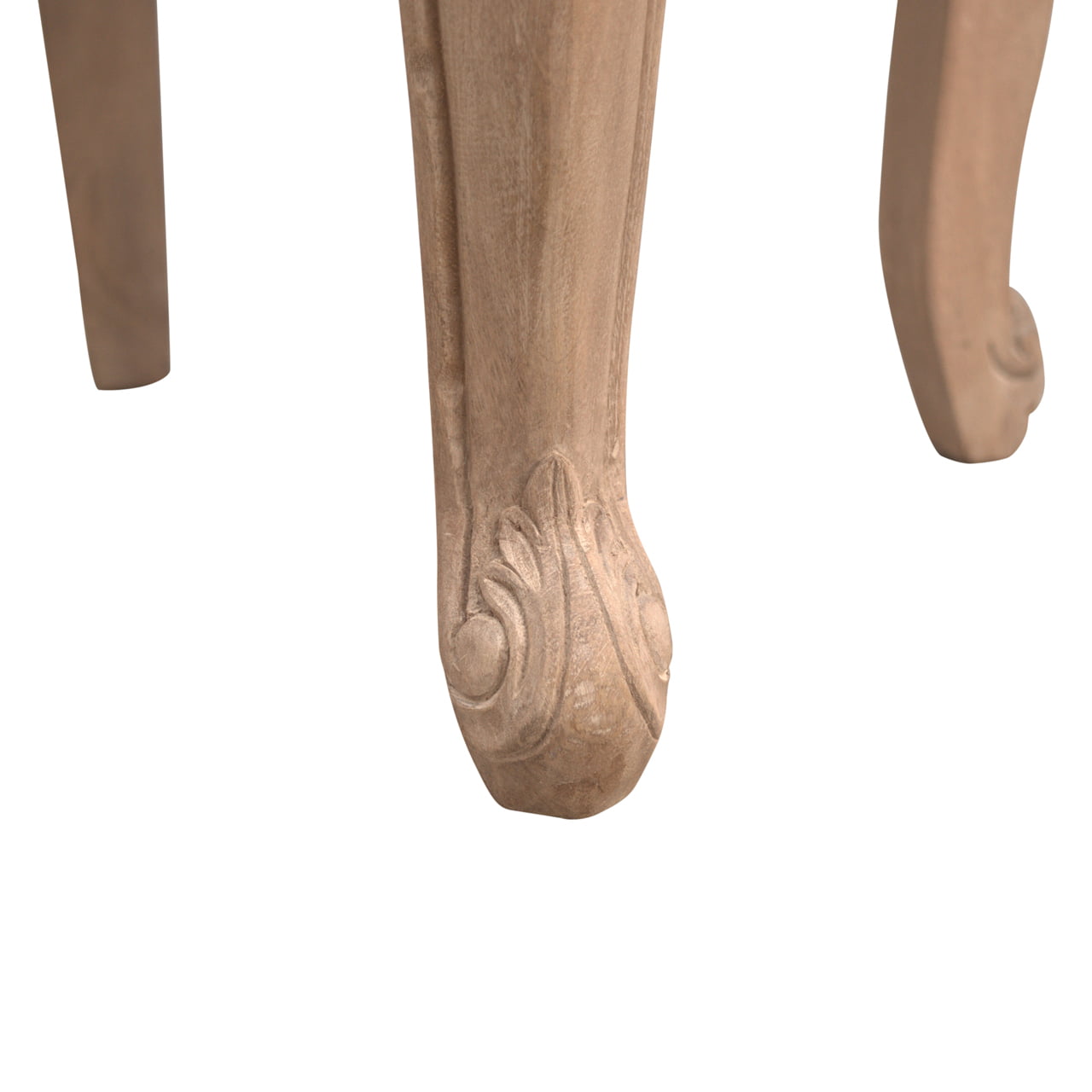 Close-up of a wooden leg with intricate carvings on a white background