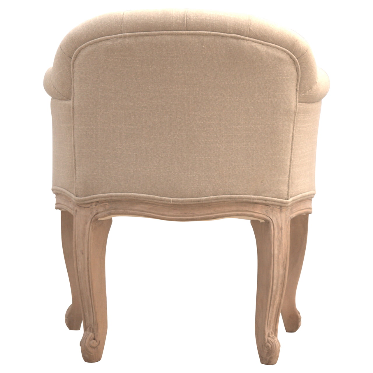 Beige upholstered chair with wooden legs on a white background