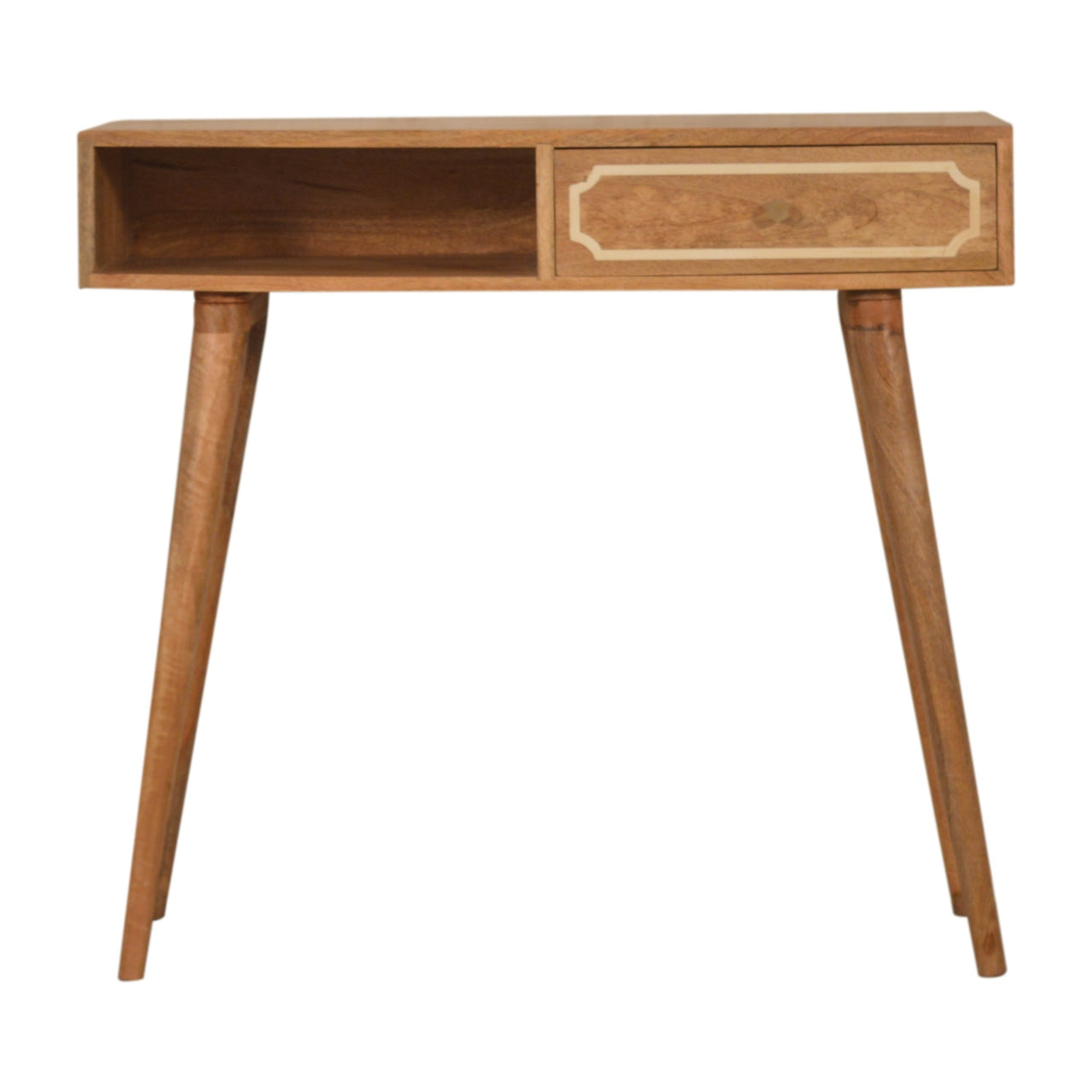 Wooden console table with a drawer on a white background