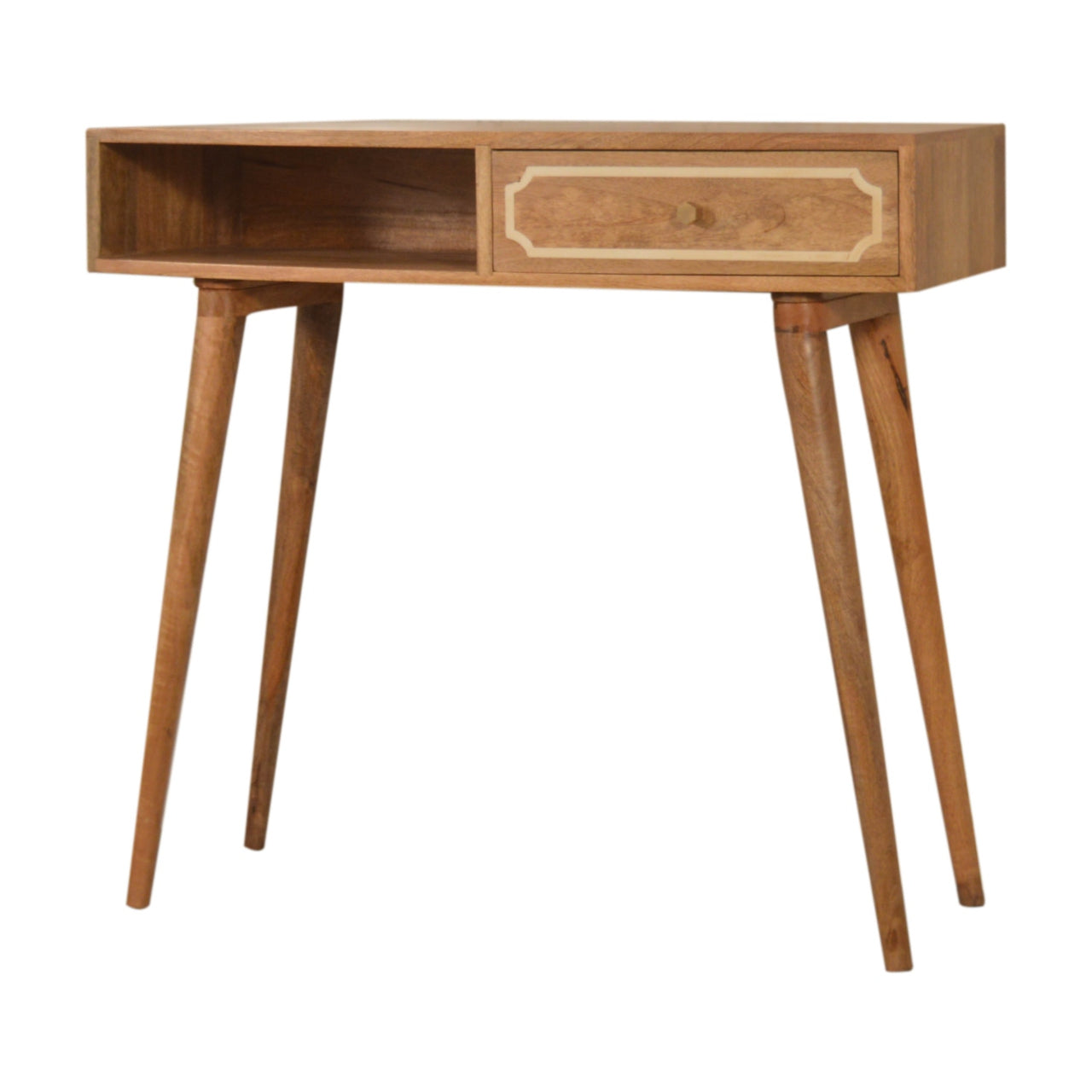 Wooden side table with a drawer on a white background