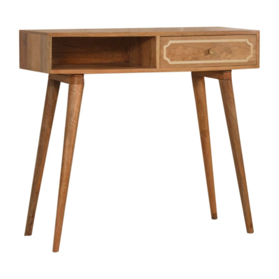 Wooden console table with a single drawer on a white background