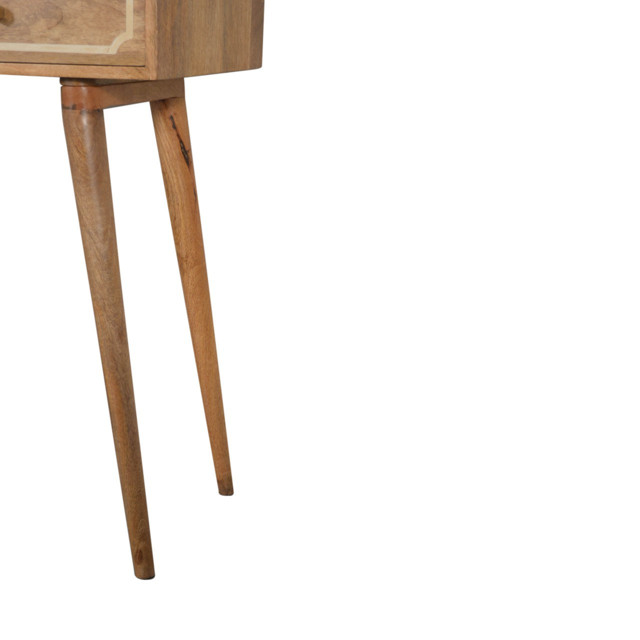 Wooden side table with a single drawer and four legs on a white background