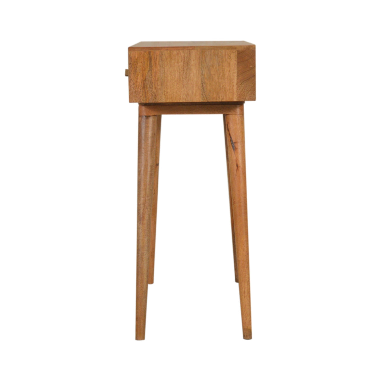 Wooden side table with a single drawer on a white background