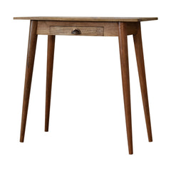 Wooden side table with a single drawer on a white background