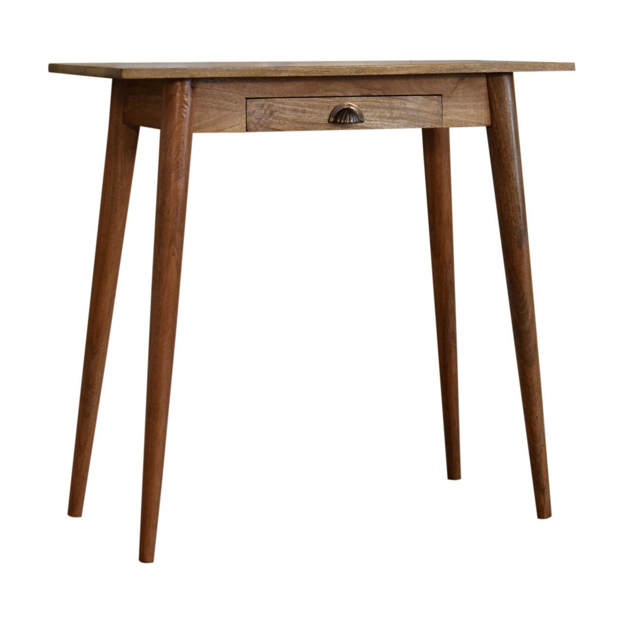 Wooden table with a single drawer on a white background