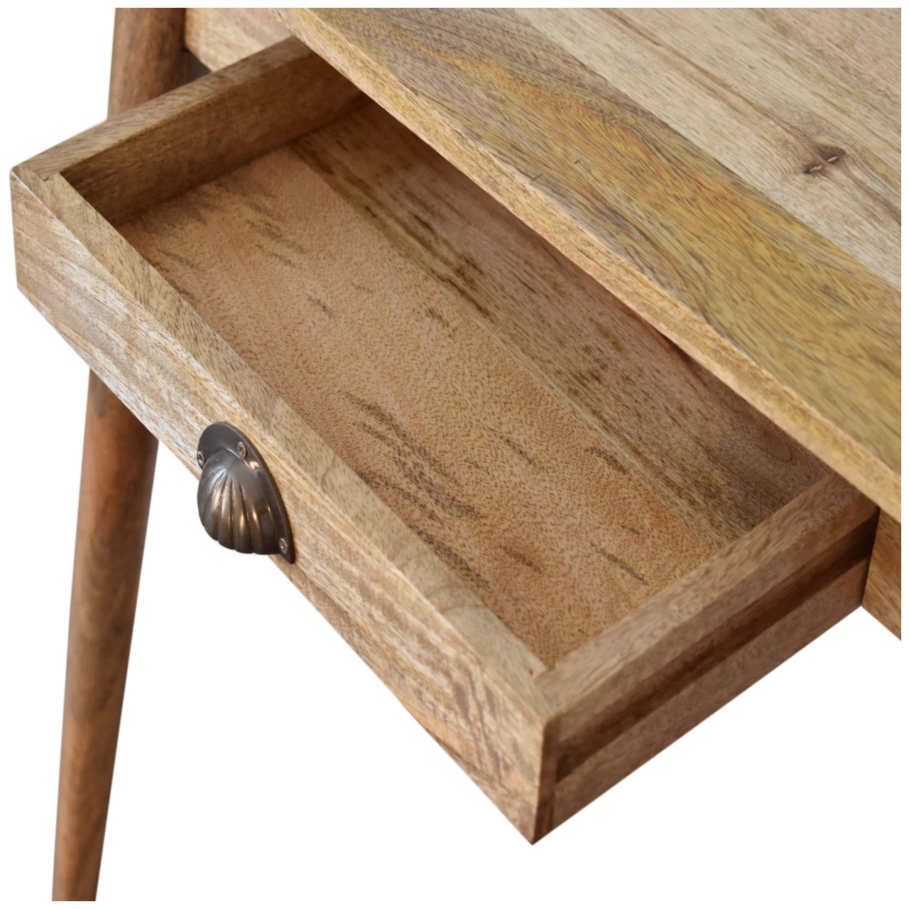 Wooden side table with a drawer and metal handle on a white background