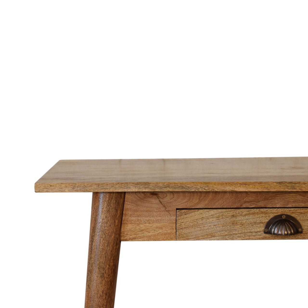 Wooden desk with a drawer and metal handle on a white background