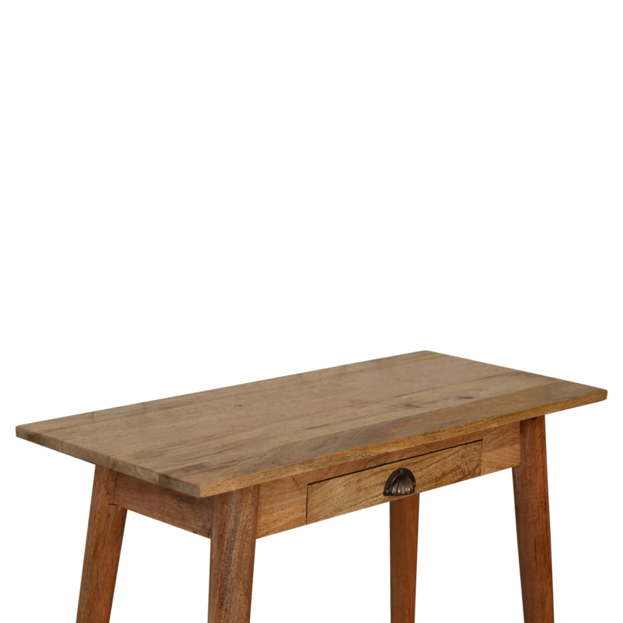Wooden desk with a single drawer on a white background