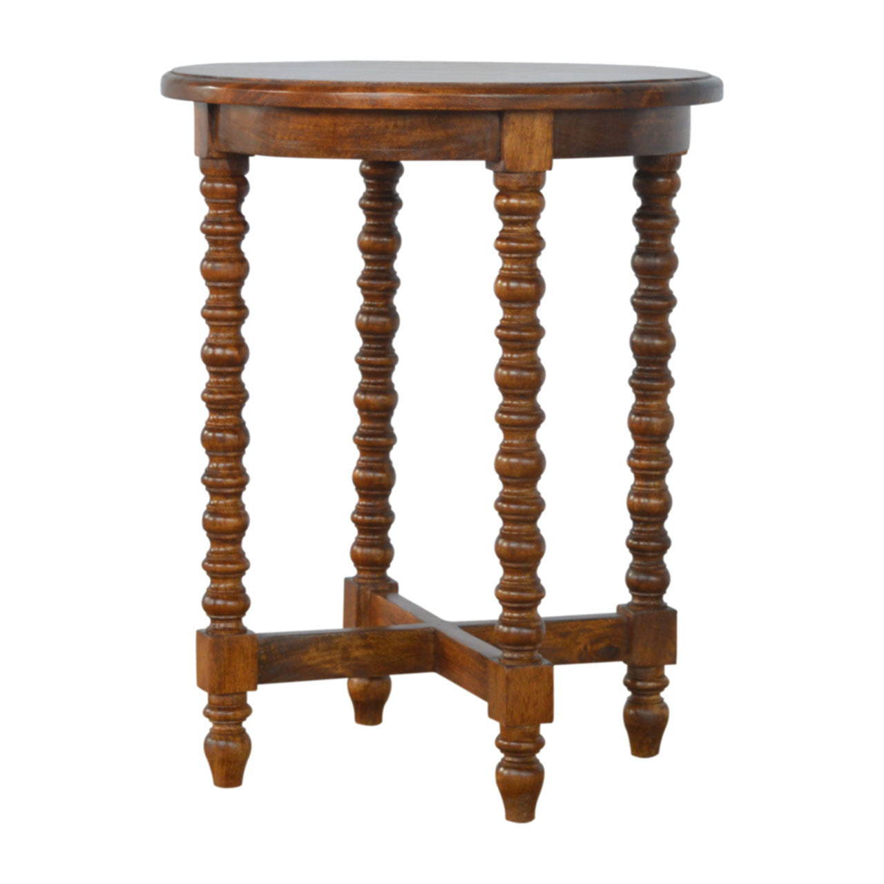 Wooden side table with spiral legs on a white background