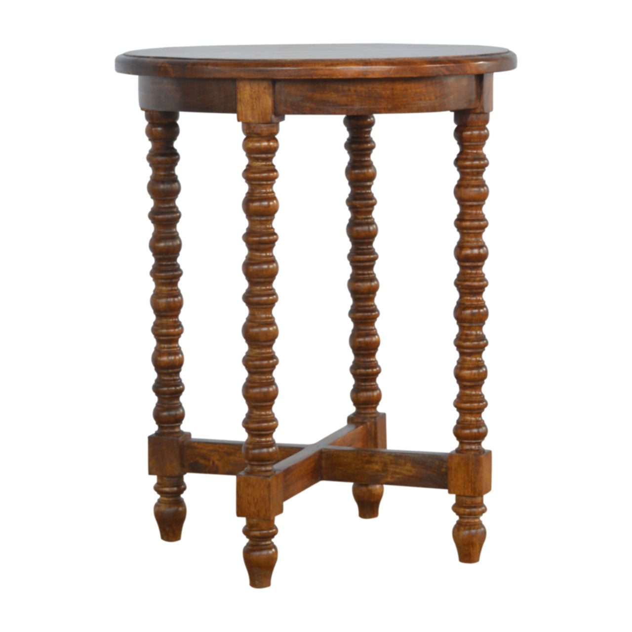 Wooden side table with spiral legs on a white background