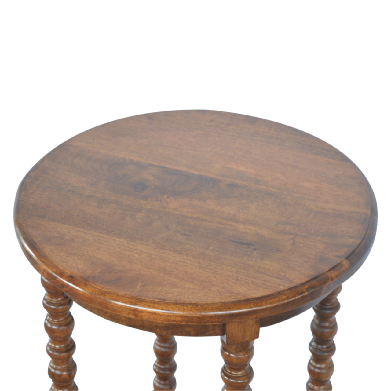 Round wooden table with spindle legs on a white background