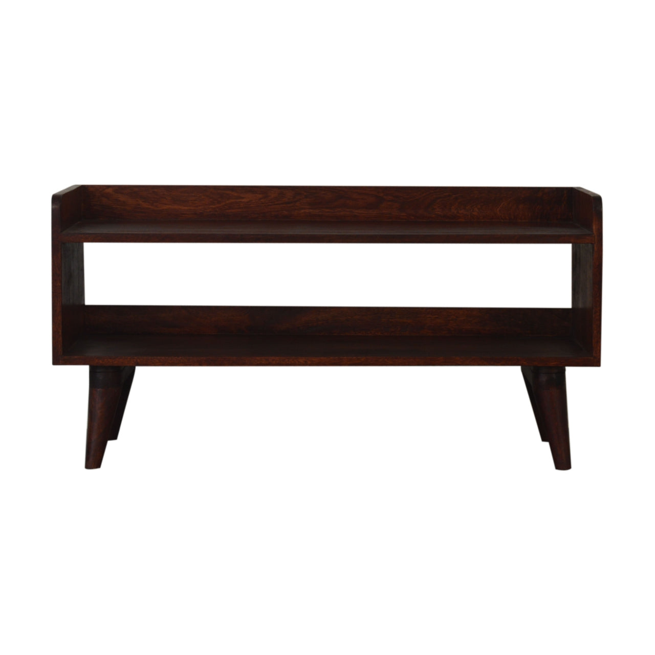 Dark wooden bench with four legs on a white background