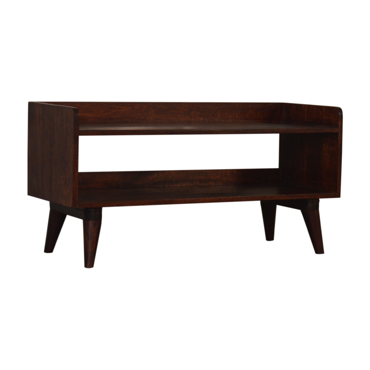 Wooden coffee table with a dark finish on a white background