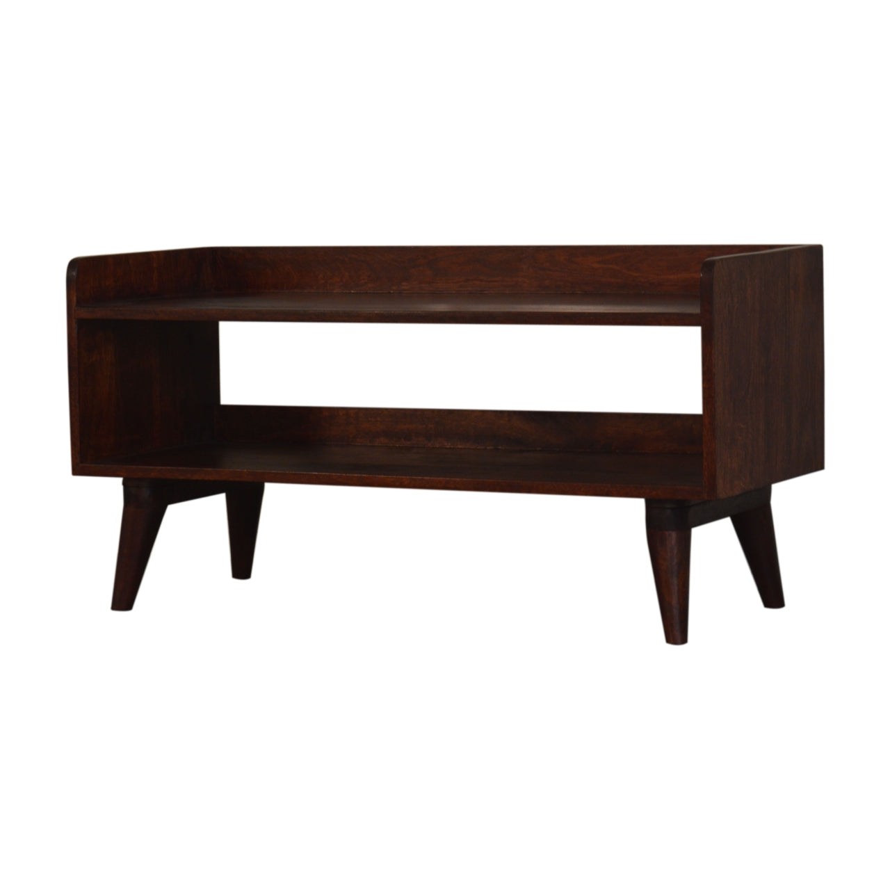 Wooden coffee table with a dark finish on a white background