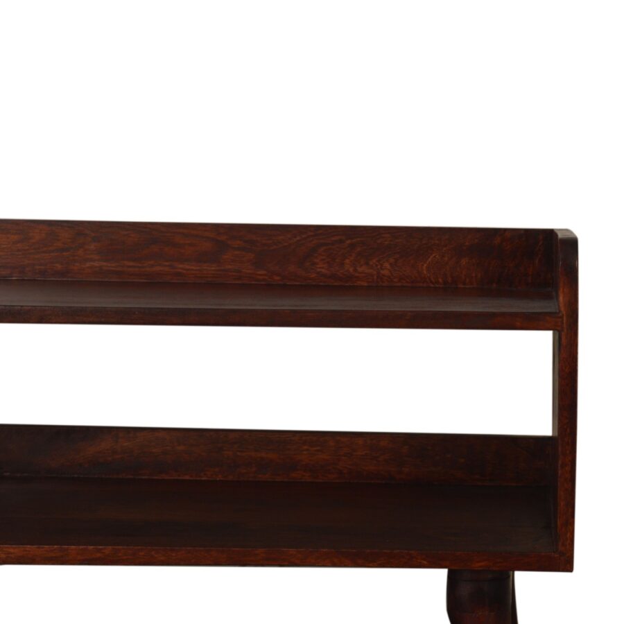 Wooden shelf with a dark brown finish on a white background