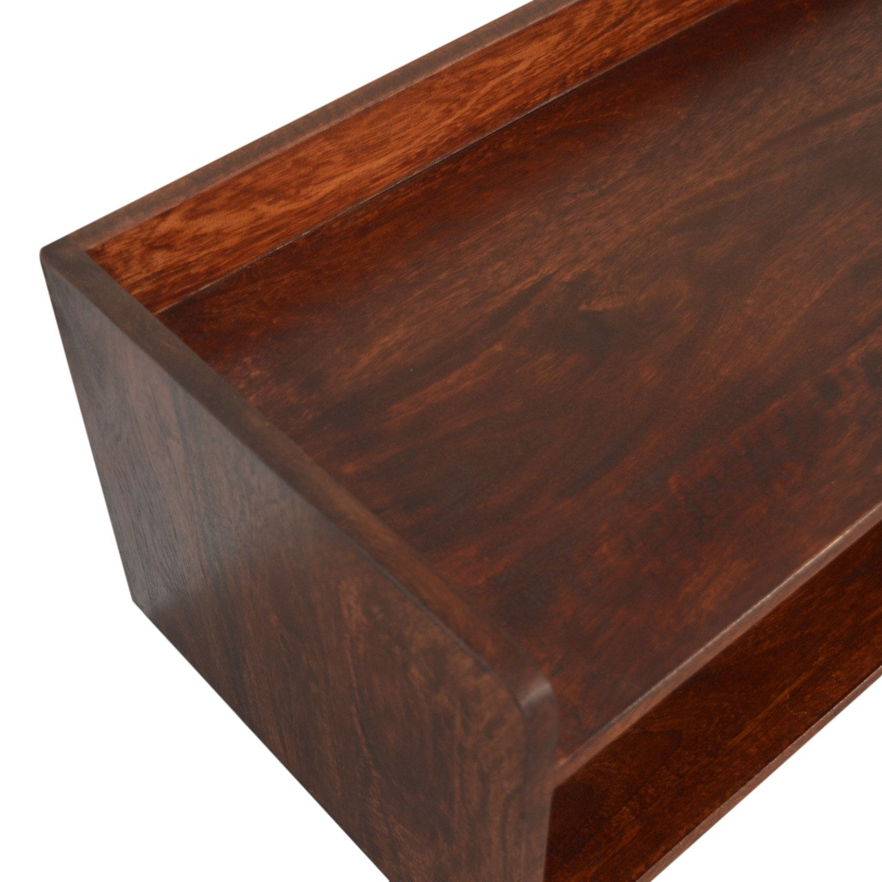Close-up of a wooden tray with a rich, dark brown finish on a white background