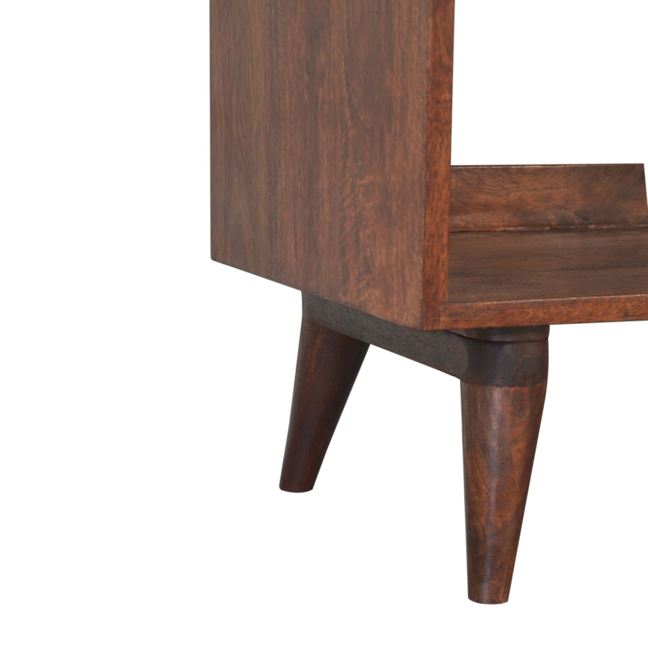 Close-up of a wooden side table with a white background