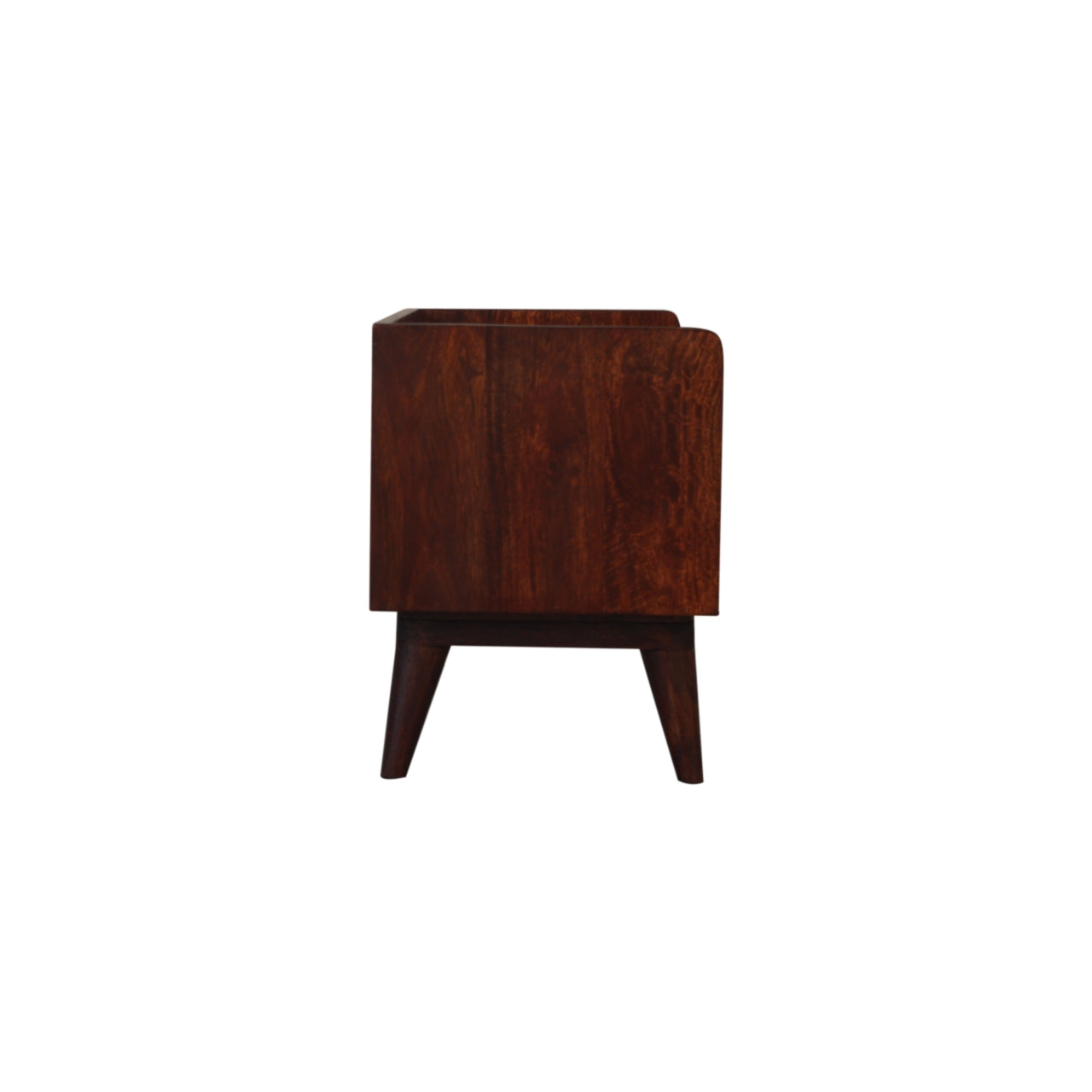 Wooden side table with a square top and four legs on a white background
