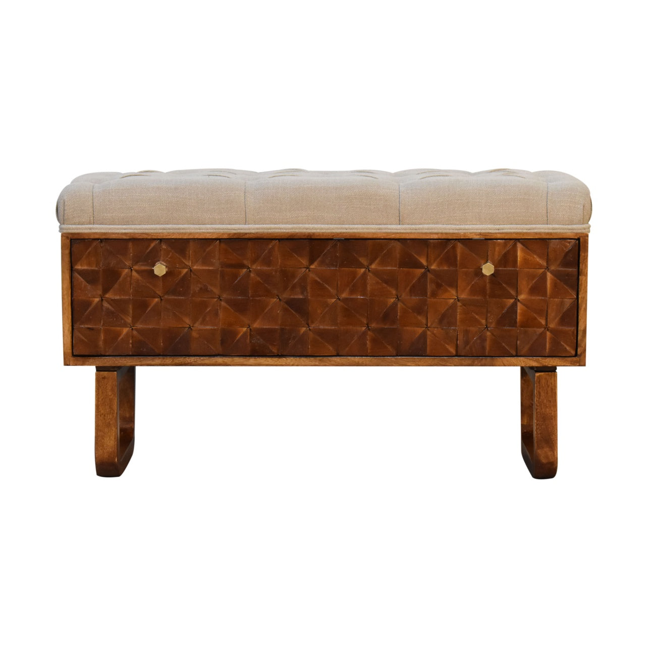 Wooden bench with diamond pattern and beige cushion on a white background
