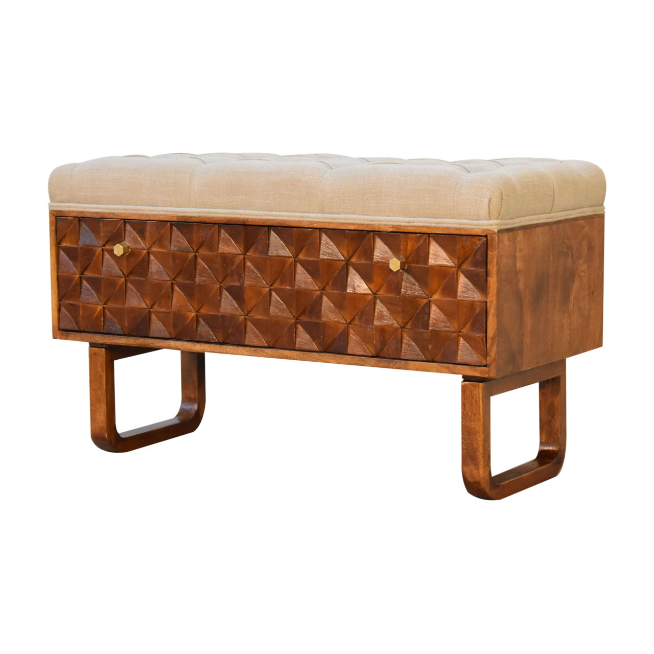 Wooden bench with geometric pattern and beige cushion on a white background